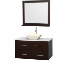 42 inch Single Bathroom Vanity in Espresso, White Man-Made Stone Countertop, Pyra Bone Porcelain Sink, and 36 inch Mirror
