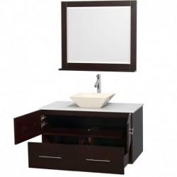 42 inch Single Bathroom Vanity in Espresso, White Man-Made Stone Countertop, Pyra Bone Porcelain Sink, and 36 inch Mirror