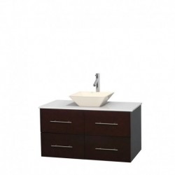 42 inch Single Bathroom Vanity in Espresso, White Man-Made Stone Countertop, Pyra Bone Porcelain Sink, and No Mirror