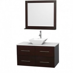 42 inch Single Bathroom Vanity in Espresso, White Man-Made Stone Countertop, Pyra White Porcelain Sink, and 36 inch Mirror