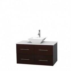 42 inch Single Bathroom Vanity in Espresso, White Man-Made Stone Countertop, Pyra White Porcelain Sink, and No Mirror