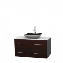 42 inch Single Bathroom Vanity in Espresso, White Man-Made Stone Countertop, Altair Black Granite Sink, and No Mirror
