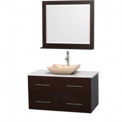42 inch Single Bathroom Vanity in Espresso, White Man-Made Stone Countertop, Avalon Ivory Marble Sink, and 36 inch Mirror