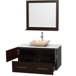 42 inch Single Bathroom Vanity in Espresso, White Man-Made Stone Countertop, Avalon Ivory Marble Sink, and 36 inch Mirror