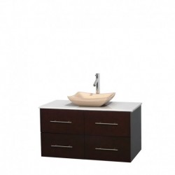 42 inch Single Bathroom Vanity in Espresso, White Man-Made Stone Countertop, Avalon Ivory Marble Sink, and No Mirror