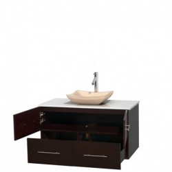 42 inch Single Bathroom Vanity in Espresso, White Man-Made Stone Countertop, Avalon Ivory Marble Sink, and No Mirror