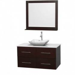 42 inch Single Bathroom Vanity in Espresso, White Man-Made Stone Countertop, Avalon White Carrera Marble Sink, and 36 inch Mirr