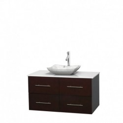42 inch Single Bathroom Vanity in Espresso, White Man-Made Stone Countertop, Avalon White Carrera Marble Sink, and No Mirror