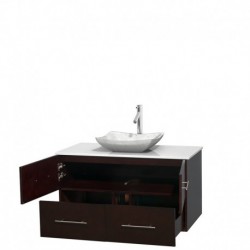 42 inch Single Bathroom Vanity in Espresso, White Man-Made Stone Countertop, Avalon White Carrera Marble Sink, and No Mirror