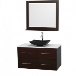 42 inch Single Bathroom Vanity in Espresso, White Man-Made Stone Countertop, Arista Black Granite Sink, and 36 inch Mirror