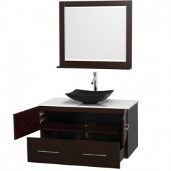 42 inch Single Bathroom Vanity in Espresso, White Man-Made Stone Countertop, Arista Black Granite Sink, and 36 inch Mirror