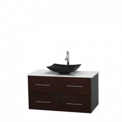 42 inch Single Bathroom Vanity in Espresso, White Man-Made Stone Countertop, Arista Black Granite Sink, and No Mirror