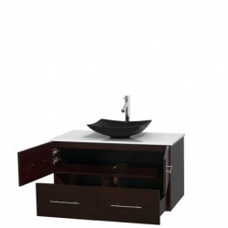42 inch Single Bathroom Vanity in Espresso, White Man-Made Stone Countertop, Arista Black Granite Sink, and No Mirror