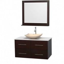 42 inch Single Bathroom Vanity in Espresso, White Man-Made Stone Countertop, Arista Ivory Marble Sink, and 36 inch Mirror