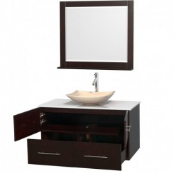 42 inch Single Bathroom Vanity in Espresso, White Man-Made Stone Countertop, Arista Ivory Marble Sink, and 36 inch Mirror