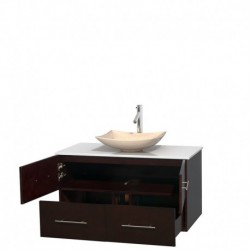 42 inch Single Bathroom Vanity in Espresso, White Man-Made Stone Countertop, Arista Ivory Marble Sink, and No Mirror