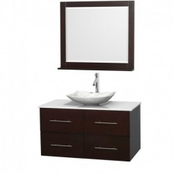 42 inch Single Bathroom Vanity in Espresso, White Man-Made Stone Countertop, Arista White Carrera Marble Sink, and 36 inch Mirr