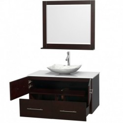 42 inch Single Bathroom Vanity in Espresso, White Man-Made Stone Countertop, Arista White Carrera Marble Sink, and 36 inch Mirr