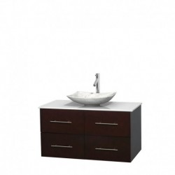 42 inch Single Bathroom Vanity in Espresso, White Man-Made Stone Countertop, Arista White Carrera Marble Sink, and No Mirror