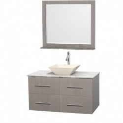 42 inch Single Bathroom Vanity in Gray Oak, White Carrera Marble Countertop, Pyra Bone Porcelain Sink, and 36 inch Mirror