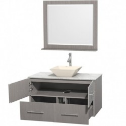 42 inch Single Bathroom Vanity in Gray Oak, White Carrera Marble Countertop, Pyra Bone Porcelain Sink, and 36 inch Mirror