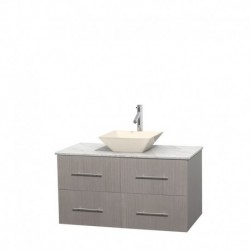 42 inch Single Bathroom Vanity in Gray Oak, White Carrera Marble Countertop, Pyra Bone Porcelain Sink, and No Mirror
