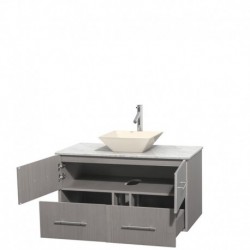 42 inch Single Bathroom Vanity in Gray Oak, White Carrera Marble Countertop, Pyra Bone Porcelain Sink, and No Mirror