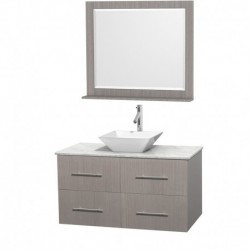 42 inch Single Bathroom Vanity in Gray Oak, White Carrera Marble Countertop, Pyra White Porcelain Sink, and 36 inch Mirror