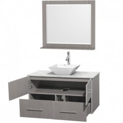 42 inch Single Bathroom Vanity in Gray Oak, White Carrera Marble Countertop, Pyra White Porcelain Sink, and 36 inch Mirror