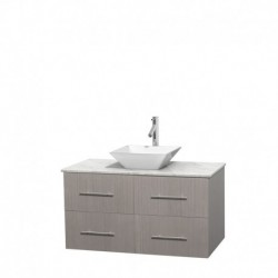 42 inch Single Bathroom Vanity in Gray Oak, White Carrera Marble Countertop, Pyra White Porcelain Sink, and No Mirror