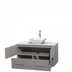 42 inch Single Bathroom Vanity in Gray Oak, White Carrera Marble Countertop, Pyra White Porcelain Sink, and No Mirror