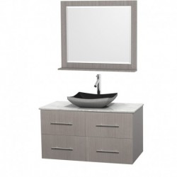42 inch Single Bathroom Vanity in Gray Oak, White Carrera Marble Countertop, Altair Black Granite Sink, and 36 inch Mirror