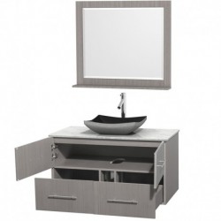 42 inch Single Bathroom Vanity in Gray Oak, White Carrera Marble Countertop, Altair Black Granite Sink, and 36 inch Mirror