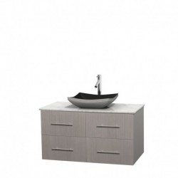 42 inch Single Bathroom Vanity in Gray Oak, White Carrera Marble Countertop, Altair Black Granite Sink, and No Mirror