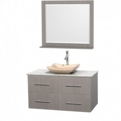 42 inch Single Bathroom Vanity in Gray Oak, White Carrera Marble Countertop, Avalon Ivory Marble Sink, and 36 inch Mirror