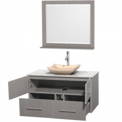 42 inch Single Bathroom Vanity in Gray Oak, White Carrera Marble Countertop, Avalon Ivory Marble Sink, and 36 inch Mirror
