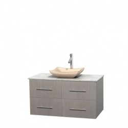 42 inch Single Bathroom Vanity in Gray Oak, White Carrera Marble Countertop, Avalon Ivory Marble Sink, and No Mirror