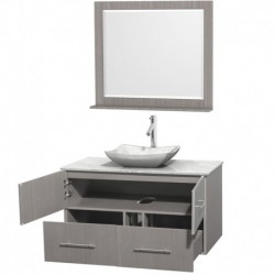 42 inch Single Bathroom Vanity in Gray Oak, White Carrera Marble Countertop, Avalon White Carrera Marble Sink, and 36 inch Mirr