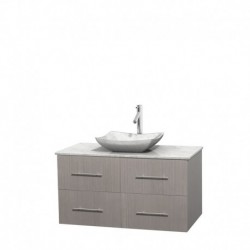 42 inch Single Bathroom Vanity in Gray Oak, White Carrera Marble Countertop, Avalon White Carrera Marble Sink, and No Mirror