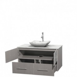 42 inch Single Bathroom Vanity in Gray Oak, White Carrera Marble Countertop, Avalon White Carrera Marble Sink, and No Mirror