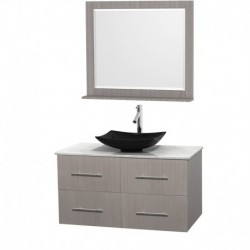 42 inch Single Bathroom Vanity in Gray Oak, White Carrera Marble Countertop, Arista Black Granite Sink, and 36 inch Mirror