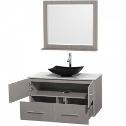 42 inch Single Bathroom Vanity in Gray Oak, White Carrera Marble Countertop, Arista Black Granite Sink, and 36 inch Mirror