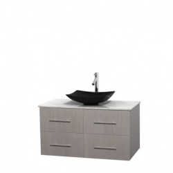 42 inch Single Bathroom Vanity in Gray Oak, White Carrera Marble Countertop, Arista Black Granite Sink, and No Mirror
