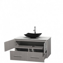 42 inch Single Bathroom Vanity in Gray Oak, White Carrera Marble Countertop, Arista Black Granite Sink, and No Mirror