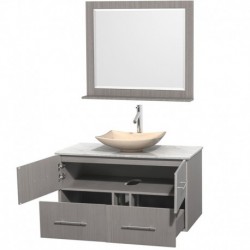 42 inch Single Bathroom Vanity in Gray Oak, White Carrera Marble Countertop, Arista Ivory Marble Sink, and 36 inch Mirror