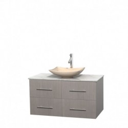 42 inch Single Bathroom Vanity in Gray Oak, White Carrera Marble Countertop, Arista Ivory Marble Sink, and No Mirror