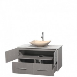 42 inch Single Bathroom Vanity in Gray Oak, White Carrera Marble Countertop, Arista Ivory Marble Sink, and No Mirror