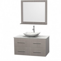42 inch Single Bathroom Vanity in Gray Oak, White Carrera Marble Countertop, Arista White Carrera Marble Sink, and 36 inch Mirr