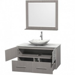 42 inch Single Bathroom Vanity in Gray Oak, White Carrera Marble Countertop, Arista White Carrera Marble Sink, and 36 inch Mirr