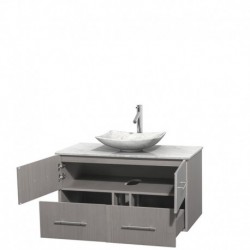 42 inch Single Bathroom Vanity in Gray Oak, White Carrera Marble Countertop, Arista White Carrera Marble Sink, and No Mirror